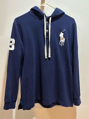 Ralph Lauren Navy Hoodie with Cream Drawcords big Logo